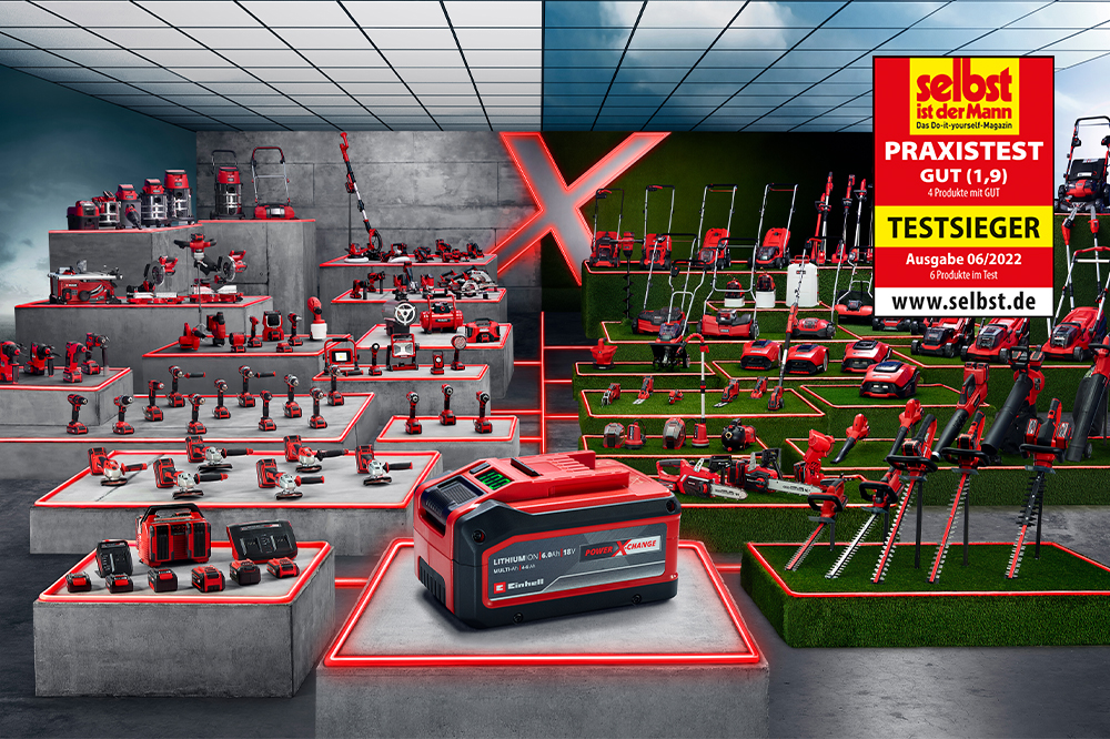 Viele verschiedene Elektro und Gartengeräte und ein Testsieger-Siegel von "Selbst ist der Mann"